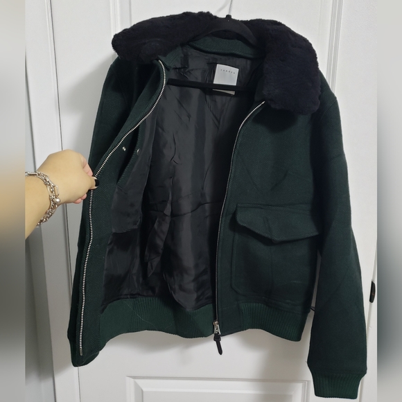 SANDRO Shearling Trim Collar Green Herringbone Wool Aviator Jacket - Picture 7 of 16